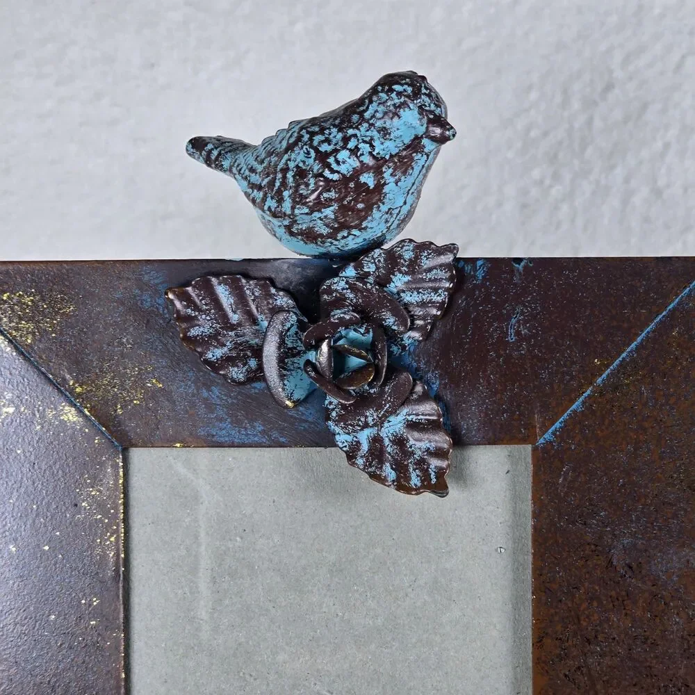 Antique Style Metal Photo Frame With a Bird & Flower On Top Rustic Distressed